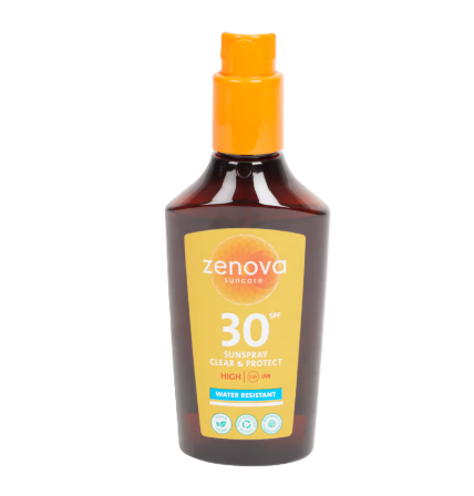 Lot de 10 Bouteilles Spray solaire FPS 30 Zenova Clear & Protect 200 ml ( 1.50 euro / pcs )