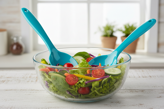 fait moi une image en situation dans une salade avec un set de 2 couvert a salade bleu turquoise