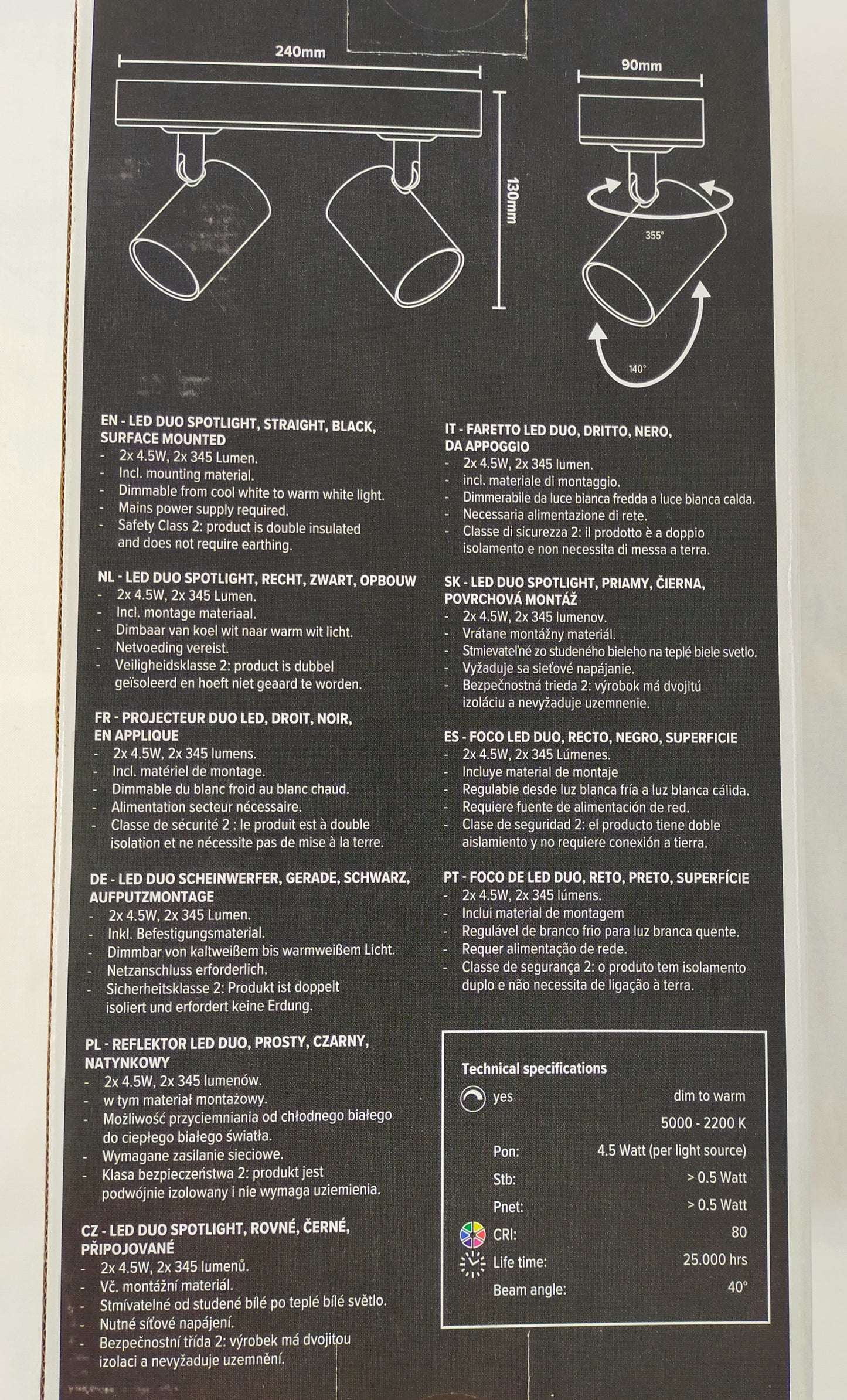 Applique Murale Pivotante 2 Spots LED – Design Droit et Luminosité Optimale