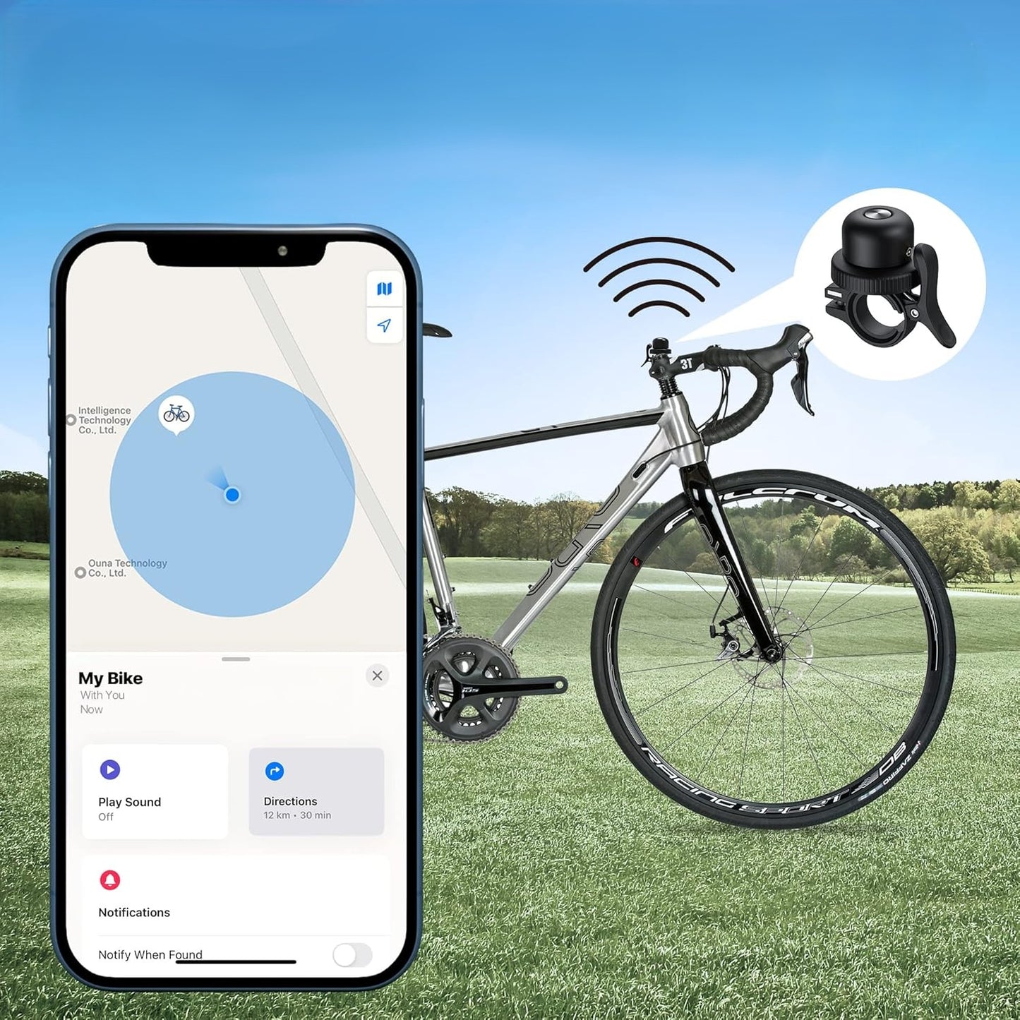 Sonnette de vélo connectée. Avec traceur GPS et batterie