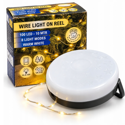 12 Boites de Guirlande lumineuse LED 10 m sur bobine, rechargeable USB-C, blanc chaud, 100 LED, 8 modes