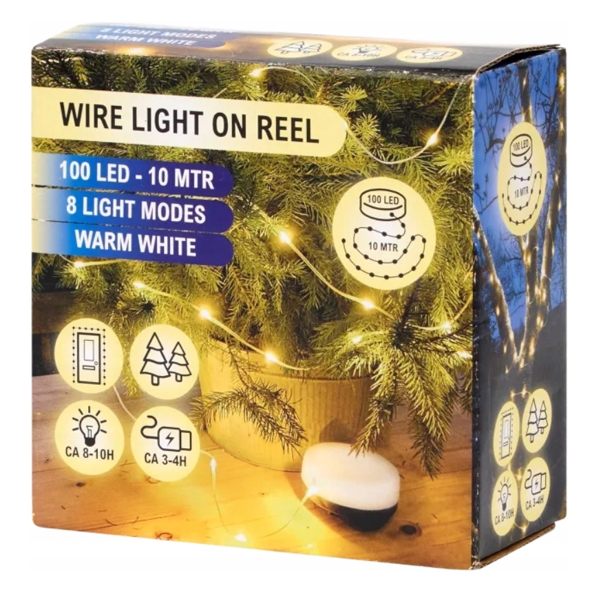 12 Boites de Guirlande lumineuse LED 10 m sur bobine, rechargeable USB-C, blanc chaud, 100 LED, 8 modes