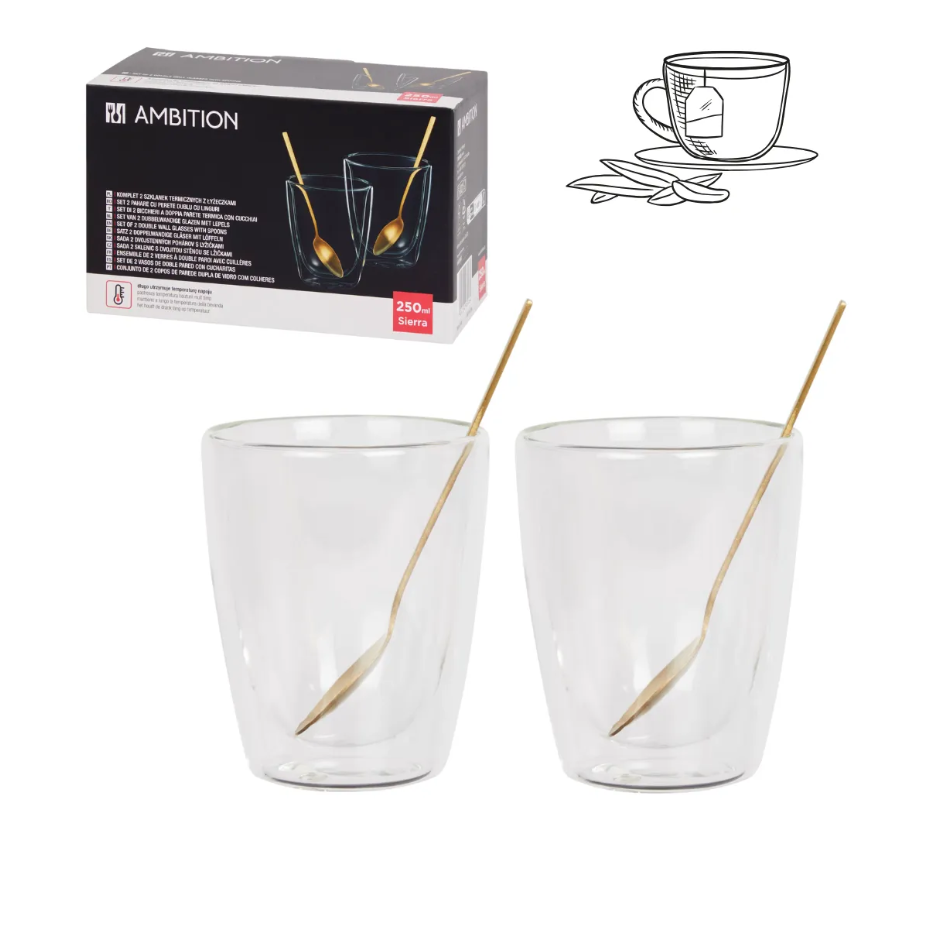 Boite de 2 verres à double paroi avec cuillères pour boisson chaude ou froide 250 ml