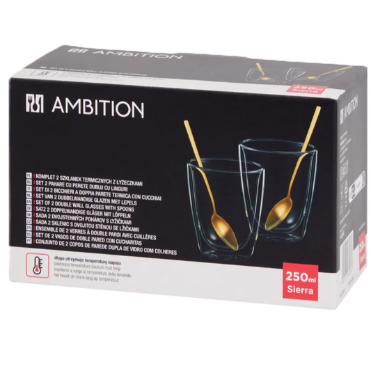 Boite de 2 verres à double paroi avec cuillères pour boisson chaude ou froide 250 ml
