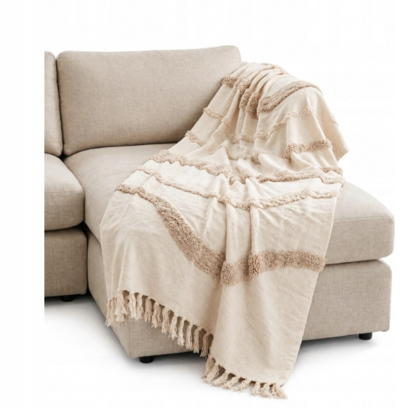 8 plaids / couvertures tufté 160 x 130 cm Beige / Gris avec des franges