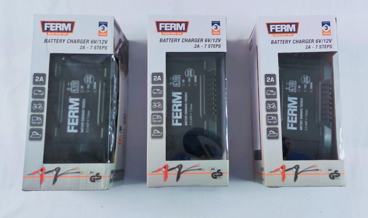 Lot de 3 Chargeurs de batterie rapide Ferm 6-12 V 2A  7 Etapes ( 6 euro / pcs )