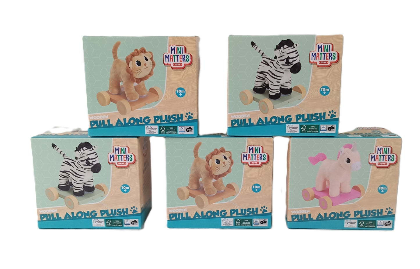 5 Peluches / Jouets  à tracter en Bois pour enfants