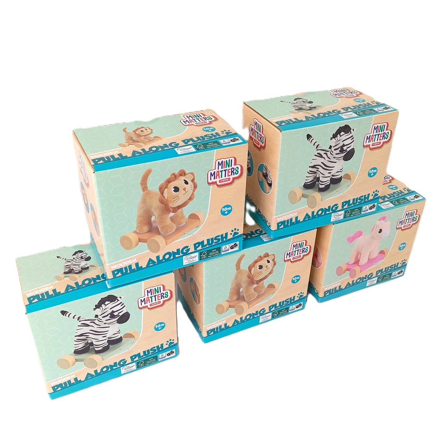 5 Peluches / Jouets  à tracter en Bois pour enfants