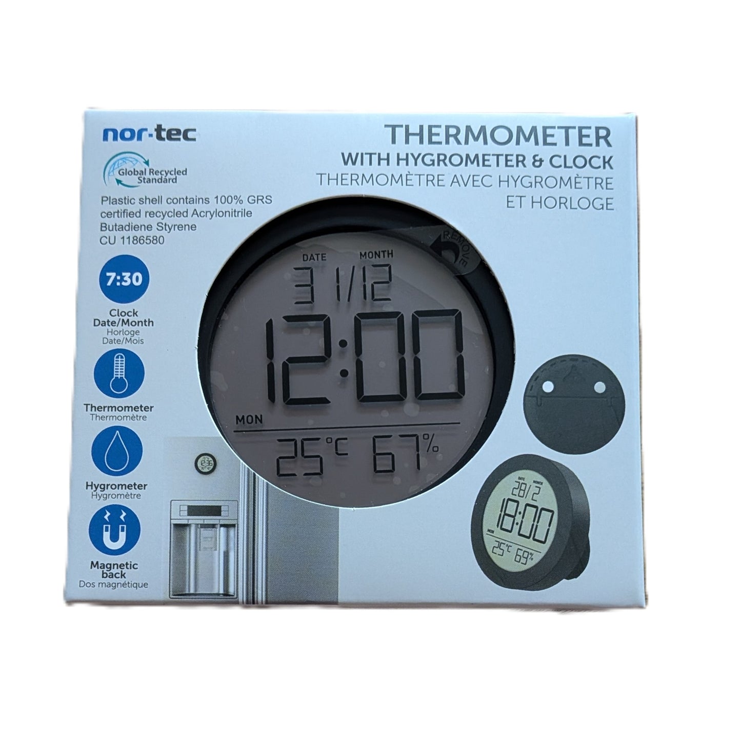 Thermomètre d'intérieur Rond Noir avec hygromètre et horloge