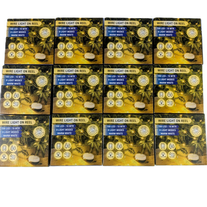 12 Boites de Guirlande lumineuse LED 10 m sur bobine, rechargeable USB-C, blanc chaud, 100 LED, 8 modes