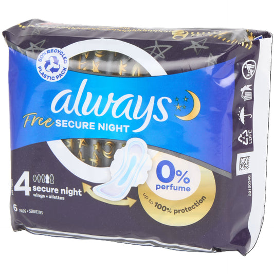 16 Paquets de Serviettes Hygiéniques avec Ailettes Secure Night Taille 4 Ultra ALWAYS sans parfum