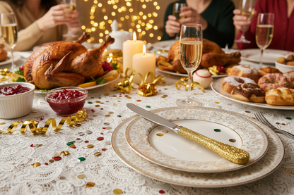 couteau avec des pailette doré juste sur le manche image en situation repas fete 