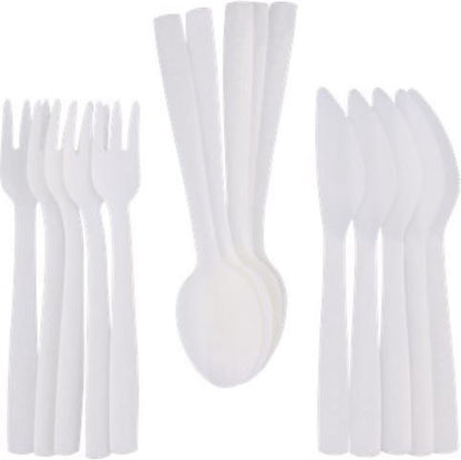 Set de 15 couverts réutilisables, 5 couteaux, 5 fourchettes, 5 cuillères Blanc