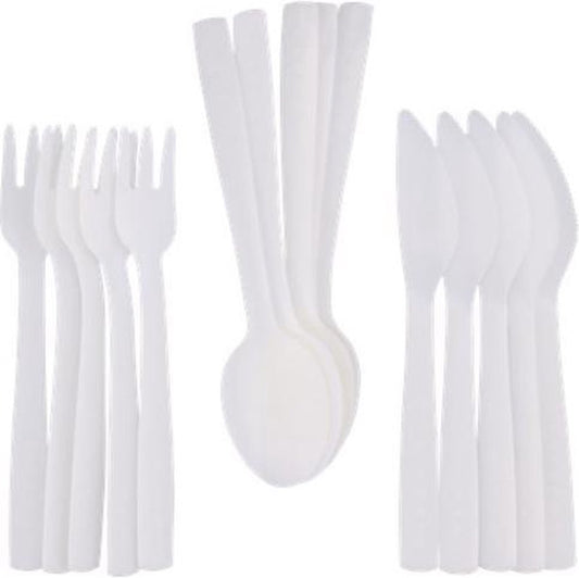 Set de 15 couverts réutilisables, 5 couteaux, 5 fourchettes, 5 cuillères Blanc