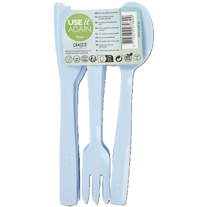 Set de 15 couverts réutilisables, 5 couteaux, 5 fourchettes, 5 cuillères bleu