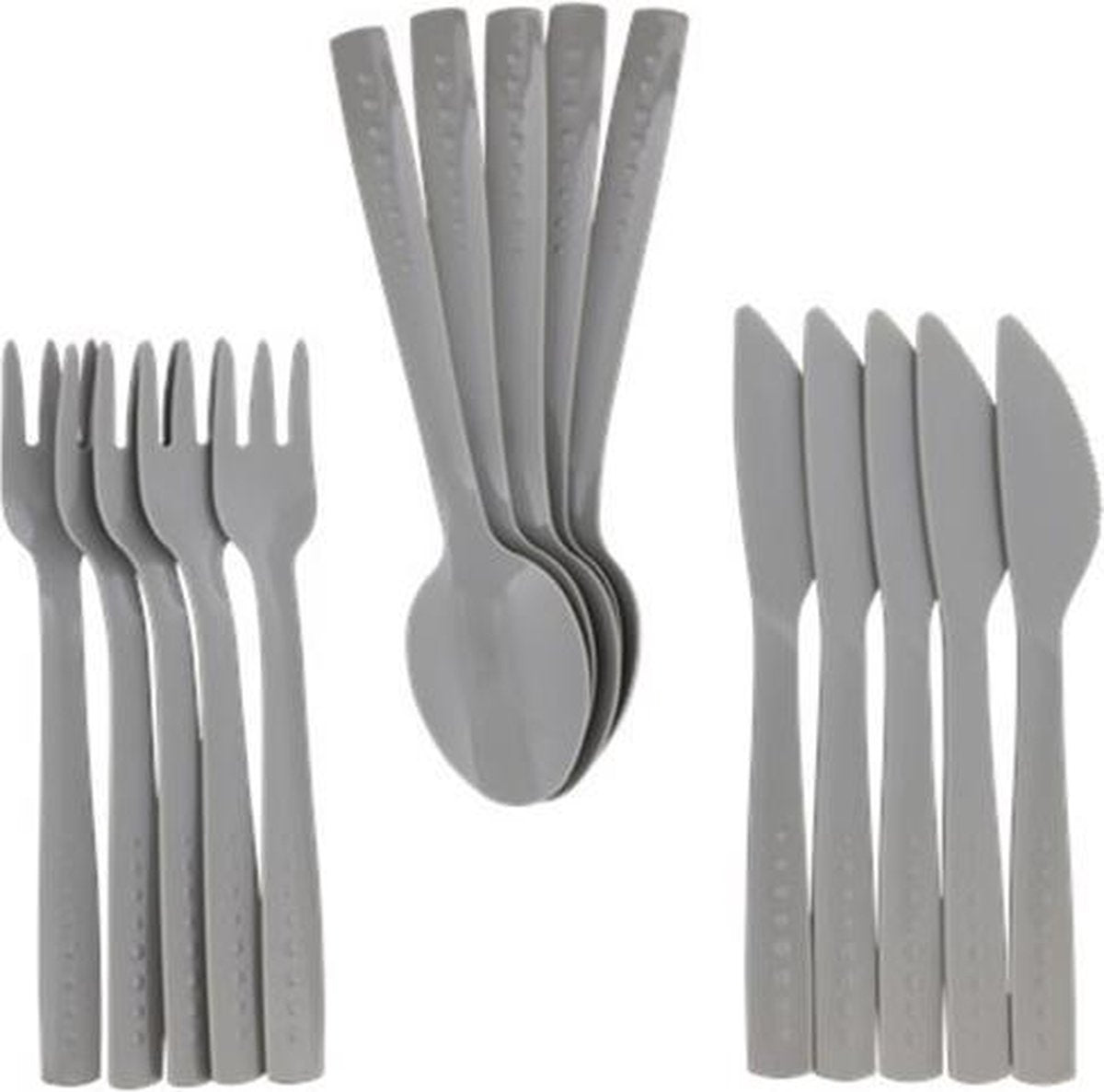 Set de 15 couverts réutilisables, 5 couteaux, 5 fourchettes, 5 cuillères Gris