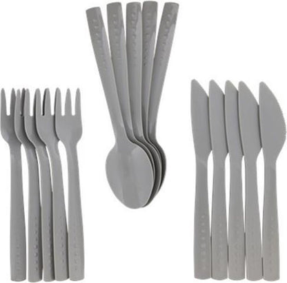 Set de 15 couverts réutilisables, 5 couteaux, 5 fourchettes, 5 cuillères Gris