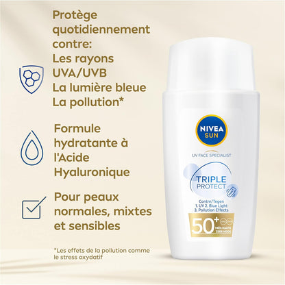 Nivea Sun Soin Solaire Visage Triple Protect 50+ Protecteur Quotidien a de l’Acide Hyaluronique 40 ml