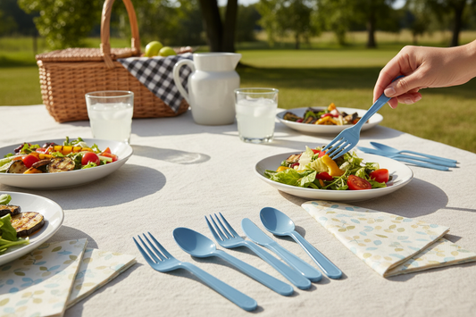 fait moi une image en situation avec des couvert en plastique bleu ciel