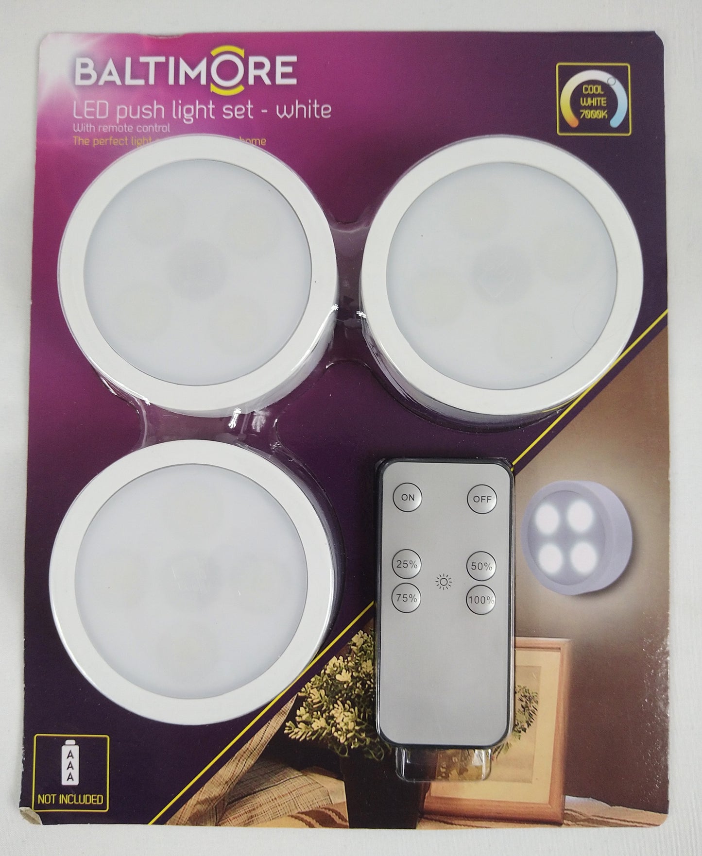 Lot de 4 Set de 3 lampes push Led et sa télécommande Baltimore ( 2.5 euro / pcs )