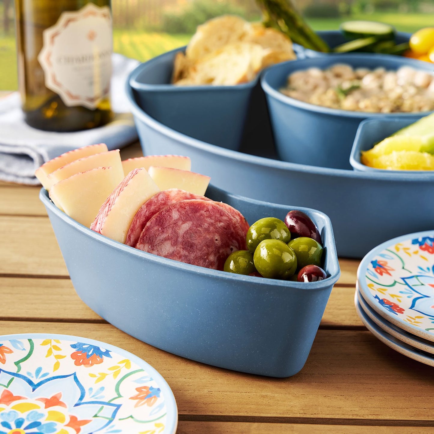 Ensemble de Plateaux apéritif en mélamine avec 5 contenants amovibles Bleu