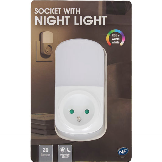 Adaptateur de prise avec veilleuse 20 lumens RGB + Blanc / Blanc Chaud